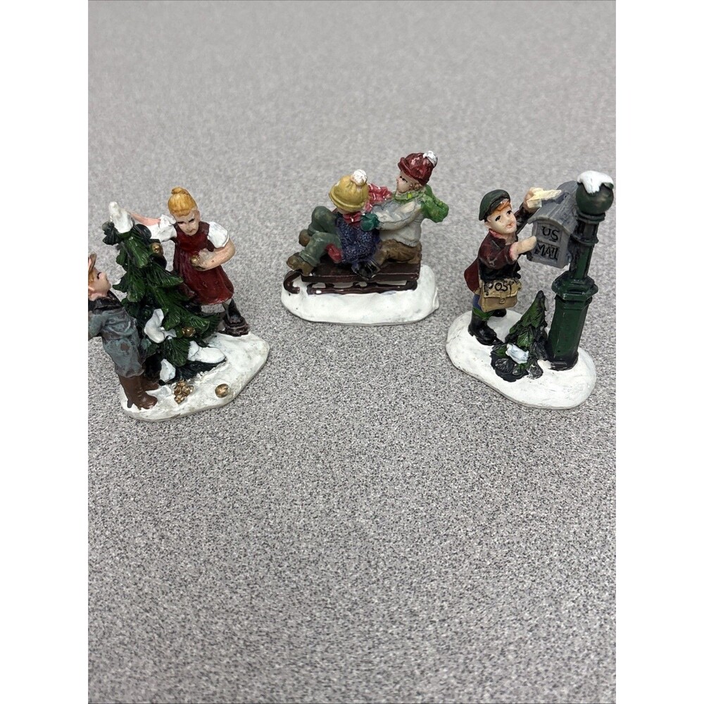 Vintage Christmas Village, 3 Figurines, Sled Riding, Mail Box, Tree Decorating